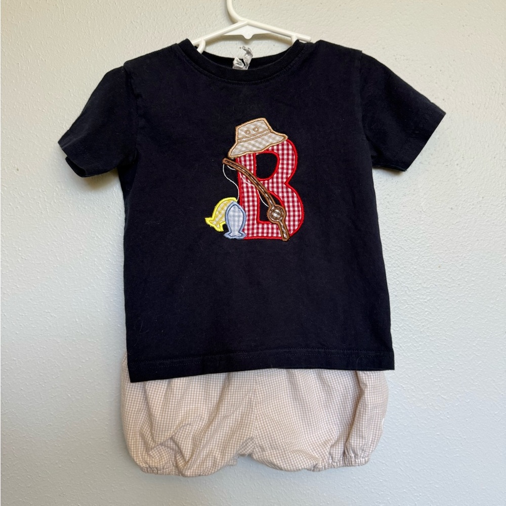 Custom Navy Baby Tee with Red Gingham 'B' Applique With Seaside Proper Shorts - Picture 2 of 2